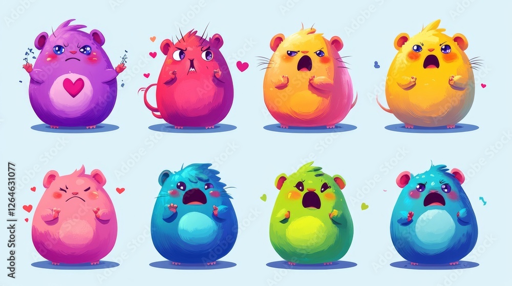Naklejka premium 65.A vibrant set of hamster sticker illustrations, each expressing emotions such as love with heart eyes, anger with a frown, and happiness with wide open arms, perfect for playful and expressive