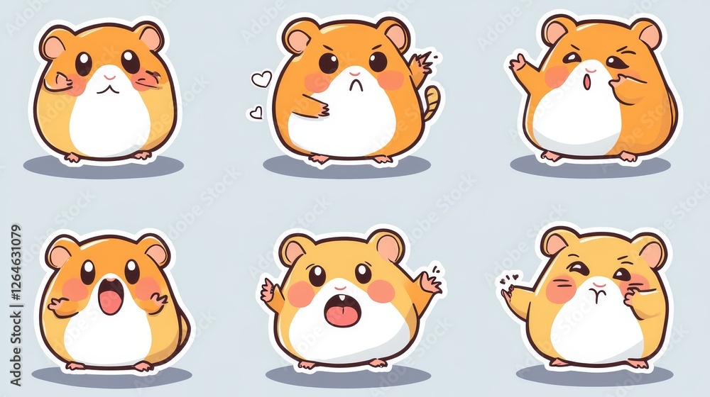 Obraz premium 65.A vibrant set of hamster sticker illustrations, each expressing emotions such as love with heart eyes, anger with a frown, and happiness with wide open arms, perfect for playful and expressive