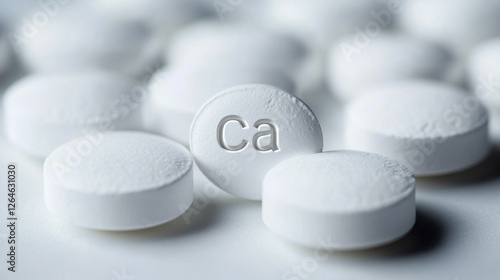 Calcium Pills. Ca Chemical Element Tablets for Bone Health and Vitality on White Background