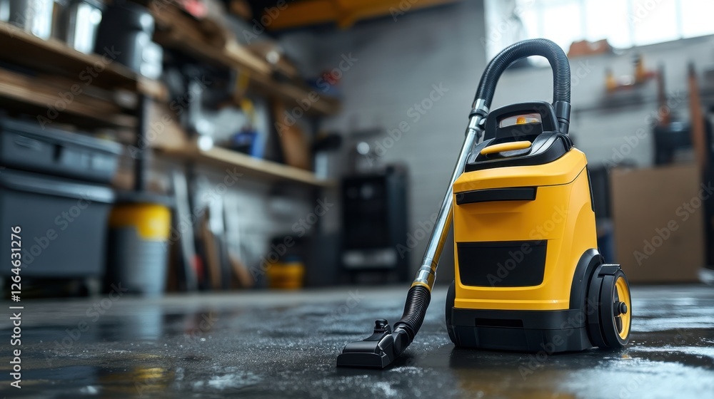 A wet and dry vacuum cleaner placed in a garage workshop. A wet and dry vacuum cleaner placed in a garage workshop.