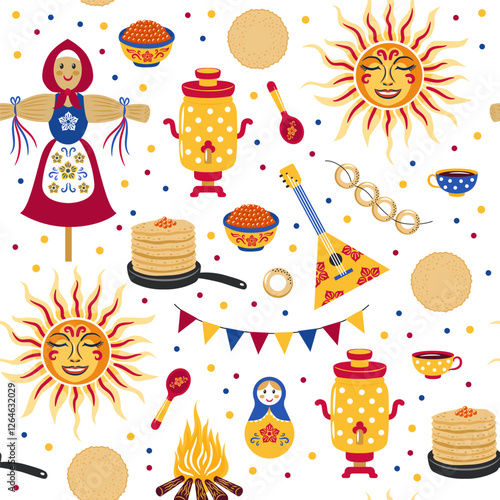 Russian Masnenitsa or Shrovetide. Set of vector design elements - slavic sun, pancakes, scarecrow, samovar, matryoshka. Colorful seamless pattern for print on wrapping paper, textile.
