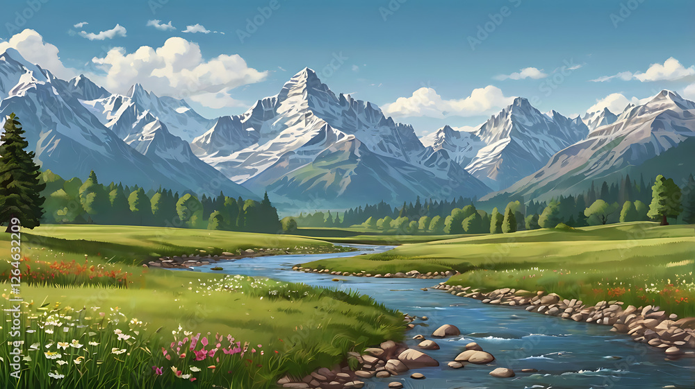 Fototapeta premium landscape vector illustration of mountains, forests, fields and meadows background