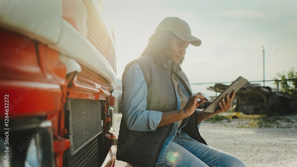 Naklejka premium Side camera view of focused African American female sitting on drop off bench at front of her truck. Driver looking at tablet screen. Typing with fingers on display. Sun shining bright in background.
