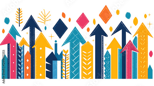 Upward Arrows with Geometric Shapes and Botanical Accents on White Backdrop for Progress Theme