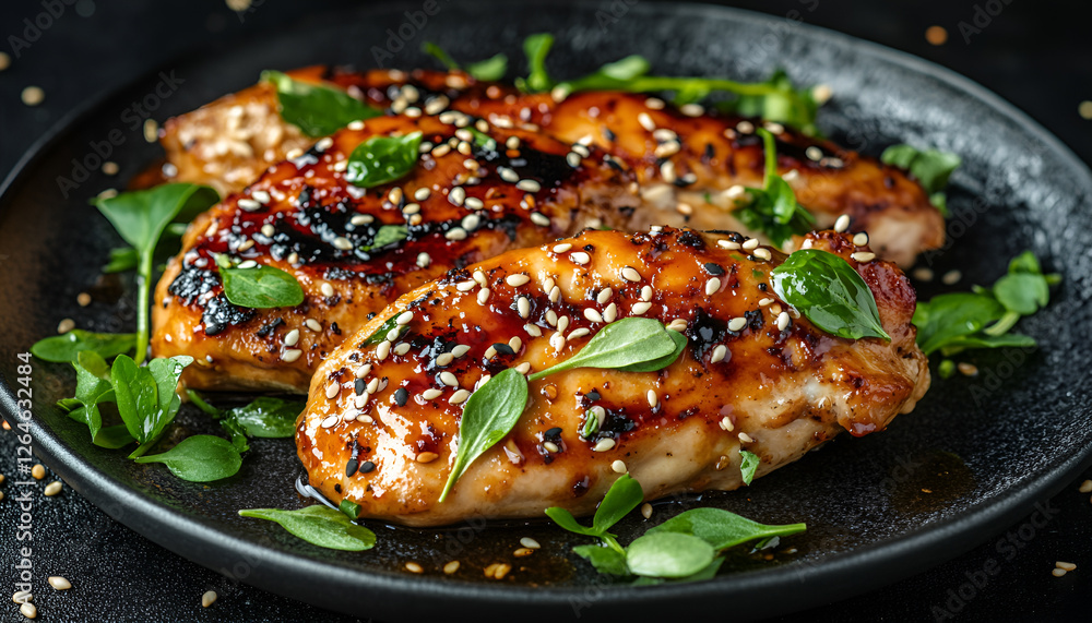 Teriyaki chicken pieces with sesame and greens on black background close up. Asian style meal - roasted chicken fillet with teriyaki sauce Teriyaki chicken pieces with sesame and greens on black background close up. Asian style meal - roasted chicken fillet with teriyaki sauce
