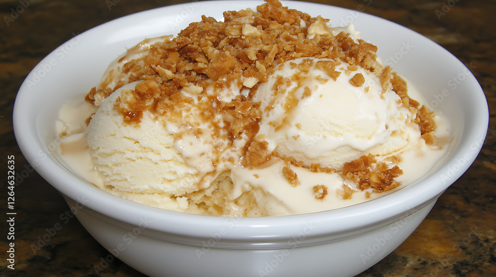 Vanilla Ice Cream Topped with Crumbled Candy in a White Bowl on a Brown Marble Surface Vanilla Ice Cream Topped with Crumbled Candy in a White Bowl on a Brown Marble Surface