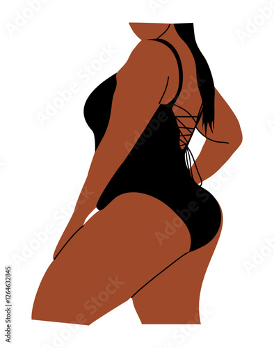 African american curvy woman wearing black swimsuit. Body positivity concept. Colored outline hand drawn vector illustration isolated on white background