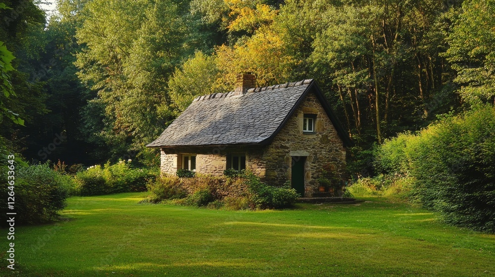 Obraz premium Rustic Stone Cottage in a Serene Forest Setting