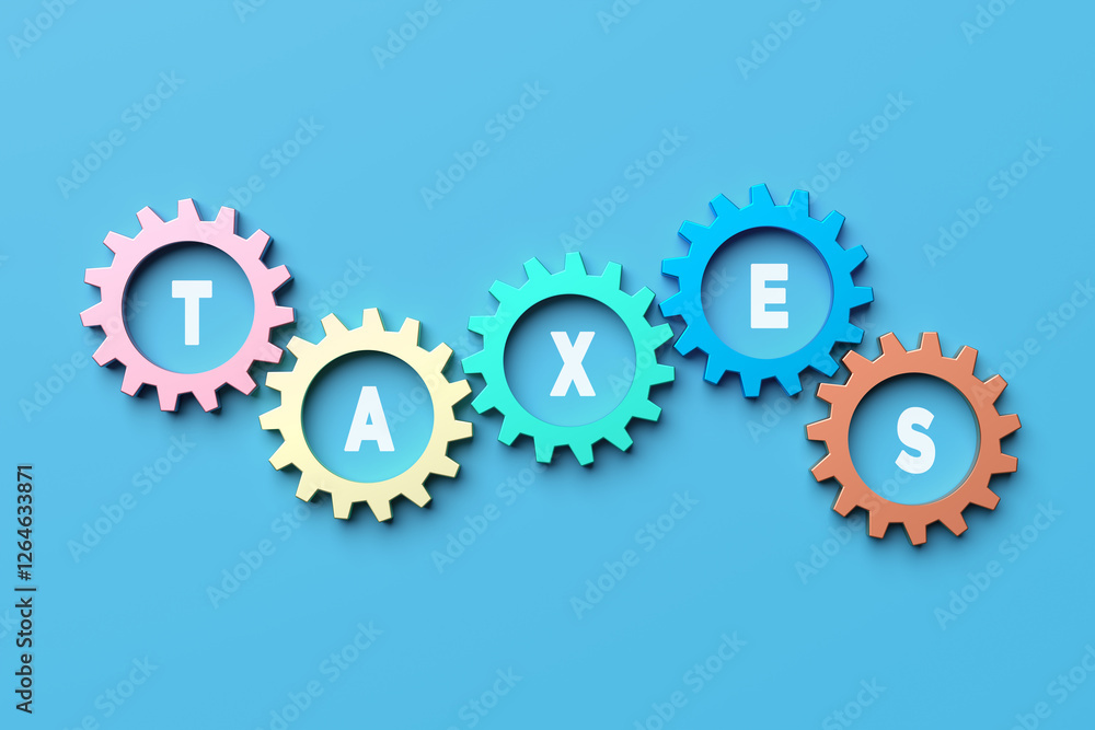 Interlocking gears spelling taxes on blue background Interlocking gears spelling taxes on blue background