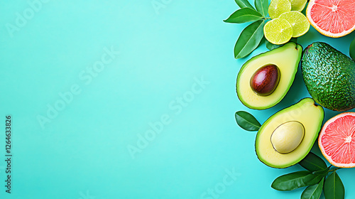 Vibrant Avocados and Citrus Fruits Arrangement on a Turquoise Background Fresh and Colorful photo