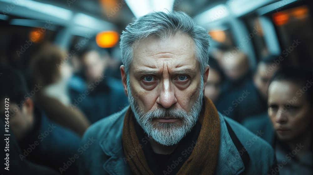 a man, in a crowded subway, feeling overwhelmed, blurred motion of people a man, in a crowded subway, feeling overwhelmed, blurred motion of people