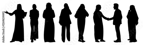 Silhouettes of Arab Business people, men and women, standing in traditional and smart casual clothes with hijab, shaking hands, using laptop, phone, tablet. Vector black illustrations isolated