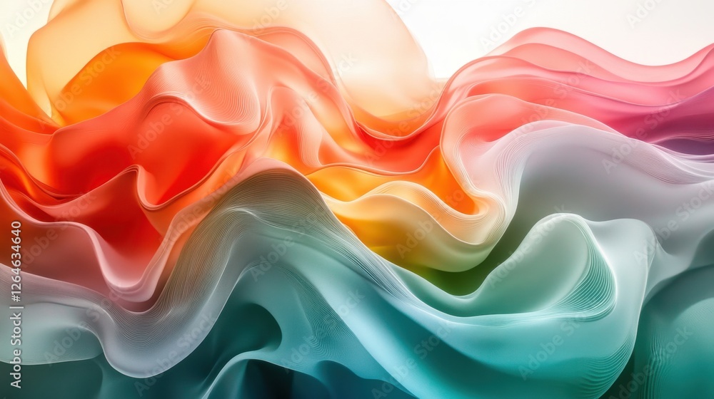 Fototapeta premium Luminous flowing shapes. Bright gradients in peacock green and sunset blush. Diffusing curves merging into abstract designs.