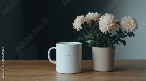 Wallpaper Mural A white mug next to a potted plant with pink flowers on a wooden table. Torontodigital.ca