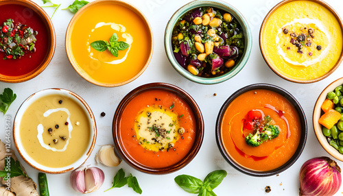 Wallpaper Mural Autumn soups. Set of various seasonal vegetable soups and organic ingredients on white background. Homemade colourful seasonal vegan soups Torontodigital.ca