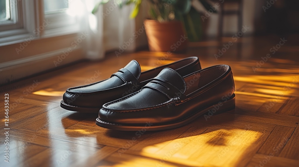 Elegant Black Leather Loafers on Wooden Floor, Basking in Sunlight Elegant Black Leather Loafers on Wooden Floor, Basking in Sunlight