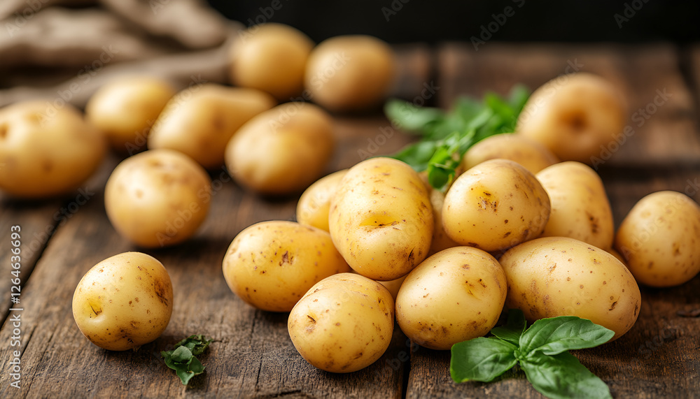 Fresh unpeeled baby potatoes, raw new potatoes ready to cook on wooden background close up. Organic farm potato for heathy eating Fresh unpeeled baby potatoes, raw new potatoes ready to cook on wooden background close up. Organic farm potato for heathy eating