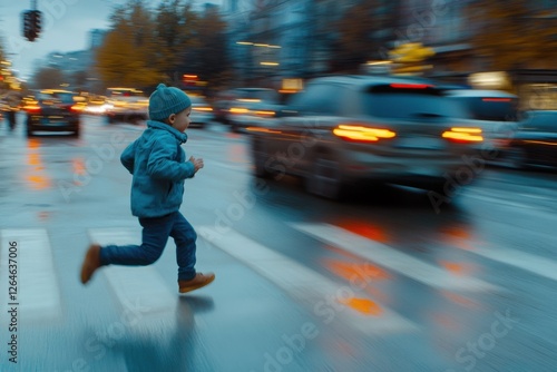 A young child runs across a busy city street with cars in motion, creating a dramatic and dangerous scene.