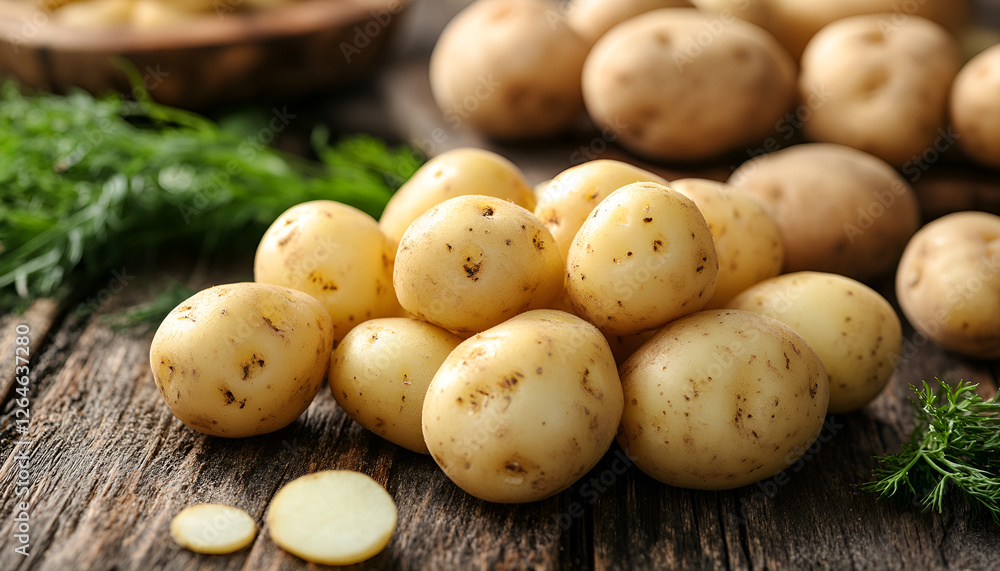 Fresh unpeeled baby potatoes, raw new potatoes ready to cook on wooden background close up. Organic farm potato for heathy eating Fresh unpeeled baby potatoes, raw new potatoes ready to cook on wooden background close up. Organic farm potato for heathy eating