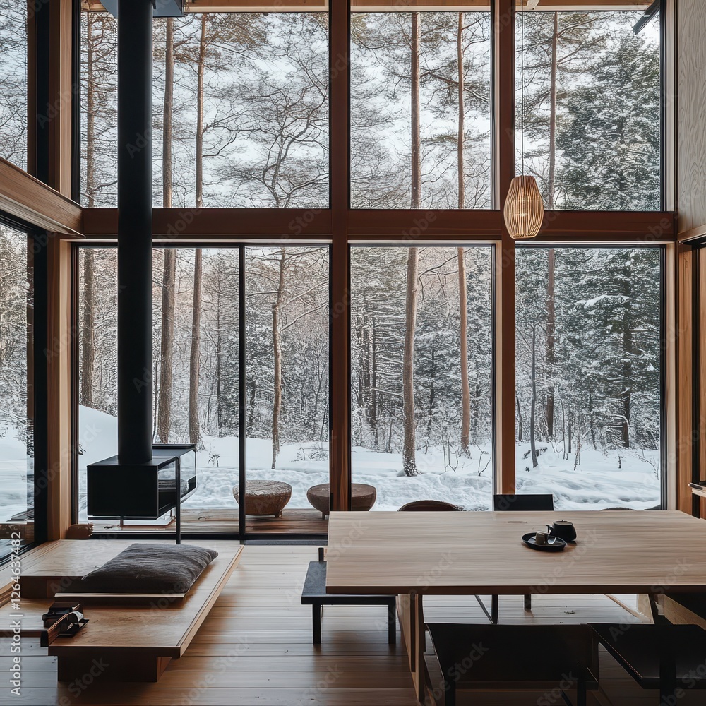 Fototapeta premium Minimalist interior with large windows showcasing a snowy forest landscape