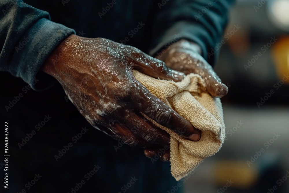 A close-up of an African American auto mechanic cleaning soapy hands with a rag at a car service center A close-up of an African American auto mechanic cleaning soapy hands with a rag at a car service center