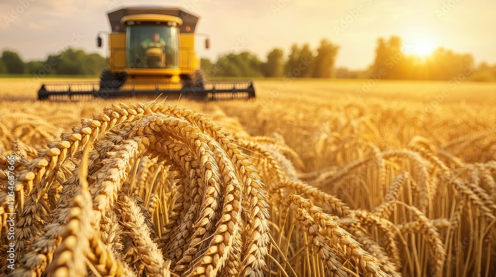 Fototapeta premium A golden wheat field at harvest time with a combine harvester working against a sunset backdrop, showcasing agricultural abundance.