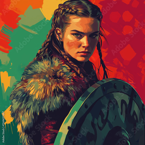 Illustration of a powerful Viking woman with a shield and fur cloak against a vibrant artistic background