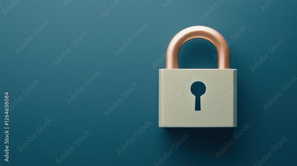 A metallic padlock rests on a teal surface, showcasing its keyhole and a shiny copper shank, symbolizing security and protection. A metallic padlock rests on a teal surface, showcasing its keyhole and a shiny copper shank, symbolizing security and protection.