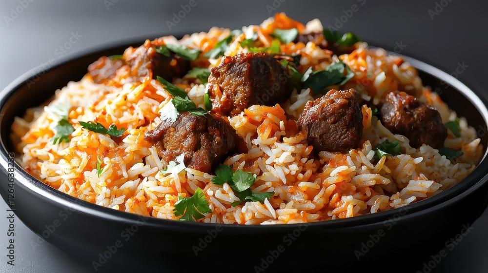 A bowl of spiced rice garnished with herbs and accompanied by meatballs, showcasing a vibrant mix of colors and textures. A bowl of spiced rice garnished with herbs and accompanied by meatballs, showcasing a vibrant mix of colors and textures.