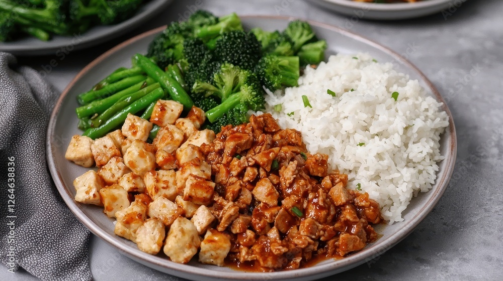 A vibrant plate featuring diced chicken, flavorful sauce, white rice, and fresh broccoli, creating a balanced and nutritious meal. A vibrant plate featuring diced chicken, flavorful sauce, white rice, and fresh broccoli, creating a balanced and nutritious meal.