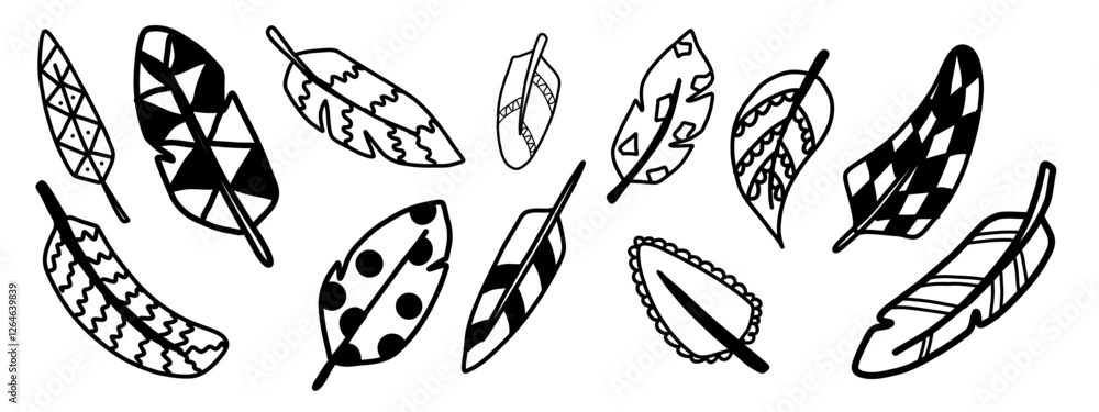Stylized Doodle Rustic ethnic decorative feathers set. Black and white silhouettes. Set of decorative animal feathers with various patterns and ornaments. Monochrome tribal feathers Stylized Doodle Rustic ethnic decorative feathers set. Black and white silhouettes. Set of decorative animal feathers with various patterns and ornaments. Monochrome tribal feathers