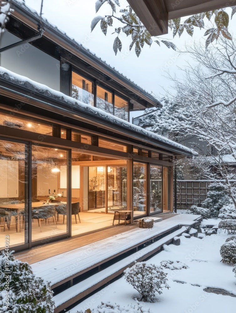 Modern Japanese home with snowy landscape seen from outside Modern Japanese home with snowy landscape seen from outside