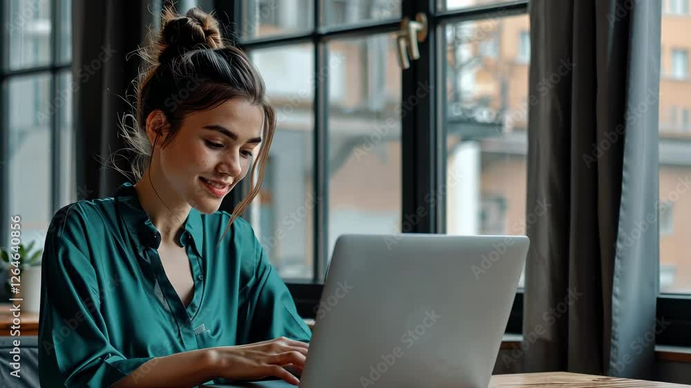 Young woman in stylish green blouse smiling while working on laptop in cozy modern cafe with large windows, warm light, and plants creating a relaxed atmosphere Young woman in stylish green blouse smiling while working on laptop in cozy modern cafe with large windows, warm light, and plants creating a relaxed atmosphere