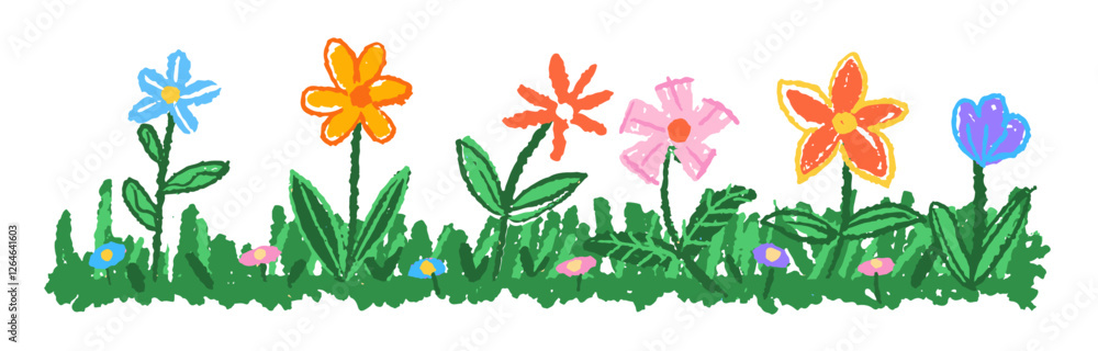 Kid doodle hand drawing crayon, wax, pencil, chalk or charcoal texture. childlike flowers and plants, grass illustration. messy and colorful vector art	
