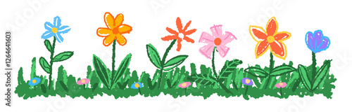 Kid doodle hand drawing crayon, wax, pencil, chalk or charcoal texture. childlike flowers and plants, grass illustration. messy and colorful vector art	
