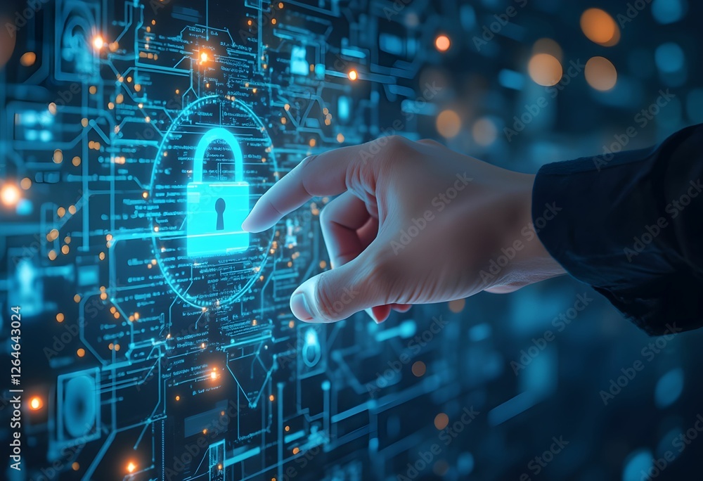 Hand reaching for glowing blue padlock symbol in a digital security interface surrounded by intricate technology patterns. Generative AI Hand reaching for glowing blue padlock symbol in a digital security interface surrounded by intricate technology patterns. Generative AI