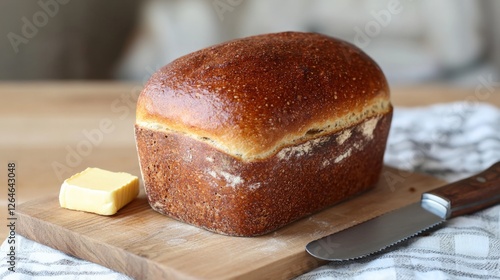 Freshly baked bread loaf on a wooden chopping board with a butter knife