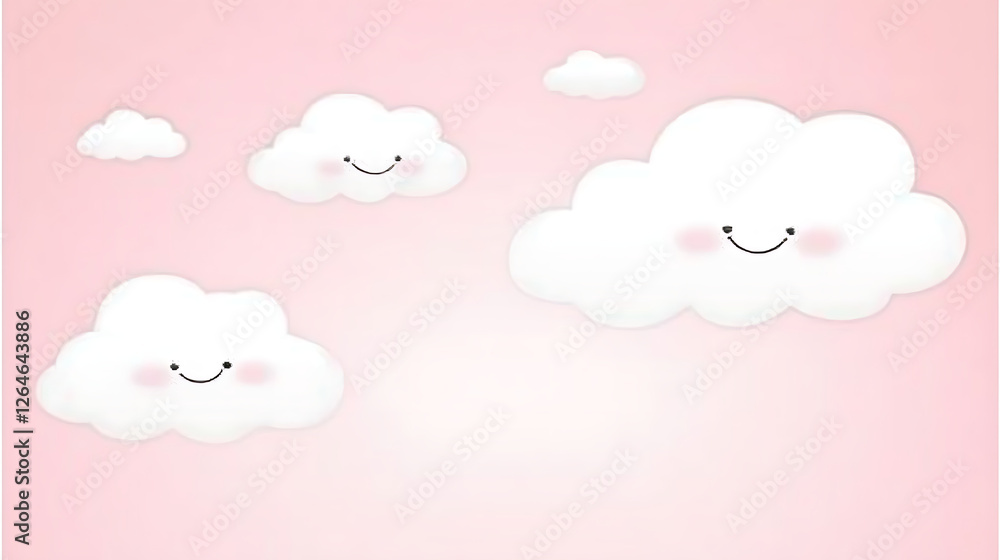 Whimsical Skyscape with Smiling Clouds on Pastel Background for Dreamy and Peaceful Atmosphere Whimsical Skyscape with Smiling Clouds on Pastel Background for Dreamy and Peaceful Atmosphere