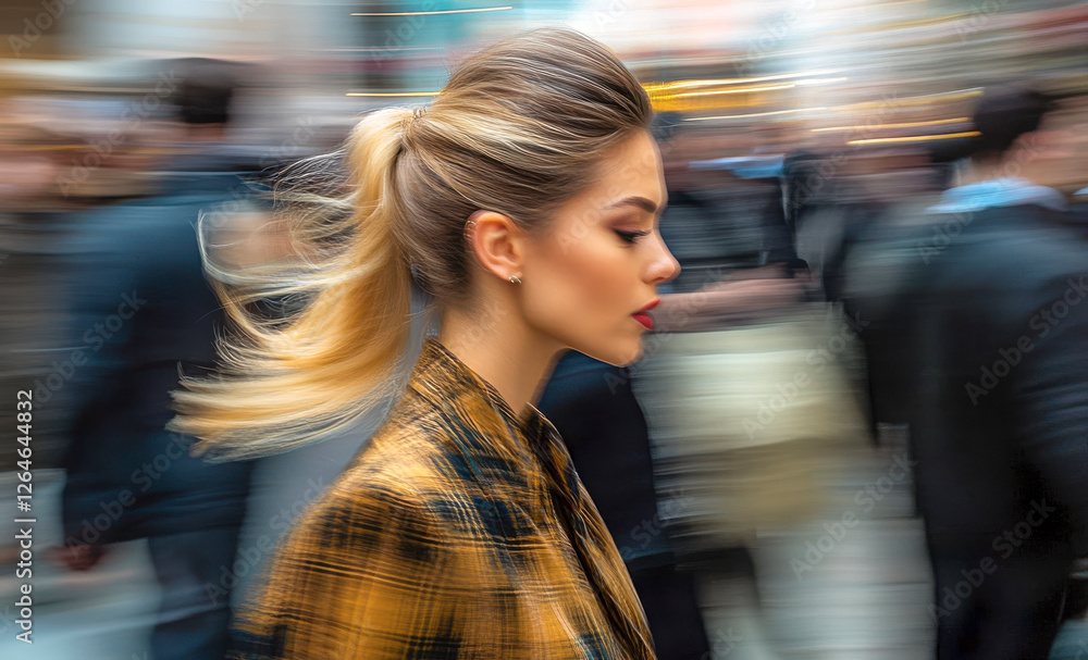 Modern gekleidete Frau geht durch eine Menschenmenge, Bewegungsunschärfe, Generative AI