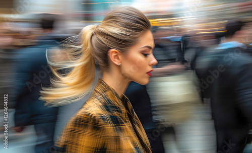 Obraz na płótnie Modern gekleidete Frau geht durch eine Menschenmenge, Bewegungsunschärfe, Generative AI w salonie