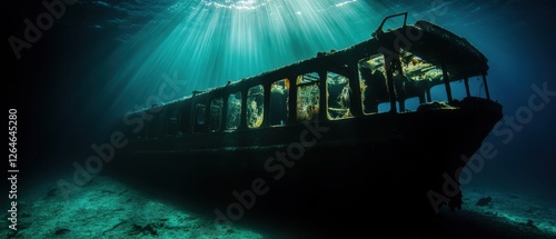 Haunting Underwater Scene of Sunken Ferry Wreck in Deep Darkness with Faint Light Beams and Eerie Atmosphere photo