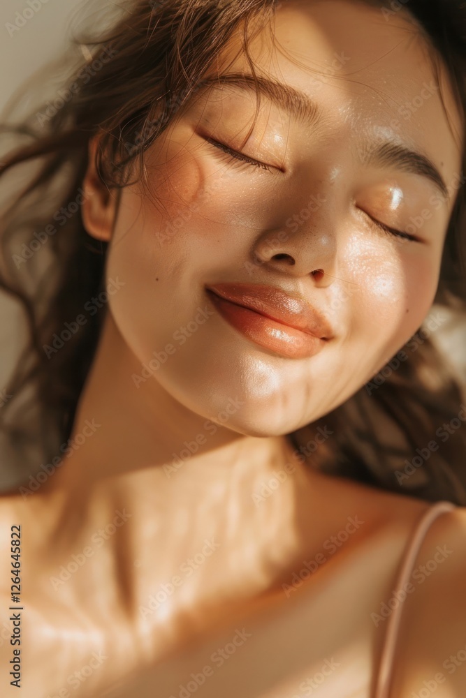 Φωτογραφία Asian woman eyes closed and smile widely to camera with healthy facial skin person female human