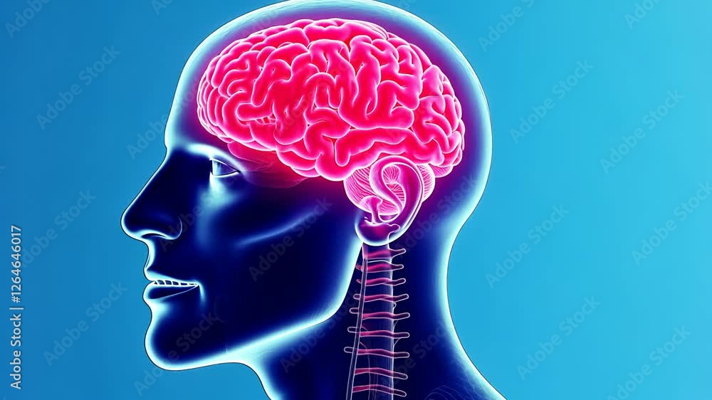 Human brain highlighted in red showing migraine or headache medical with x ray effect and hands touching head video 4k Human brain highlighted in red showing migraine or headache medical with x ray effect and hands touching head video 4k