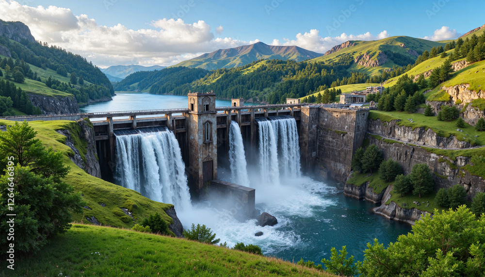 Waterfall cascading from dam into lake surrounded by mountains Waterfall cascading from dam into lake surrounded by mountains