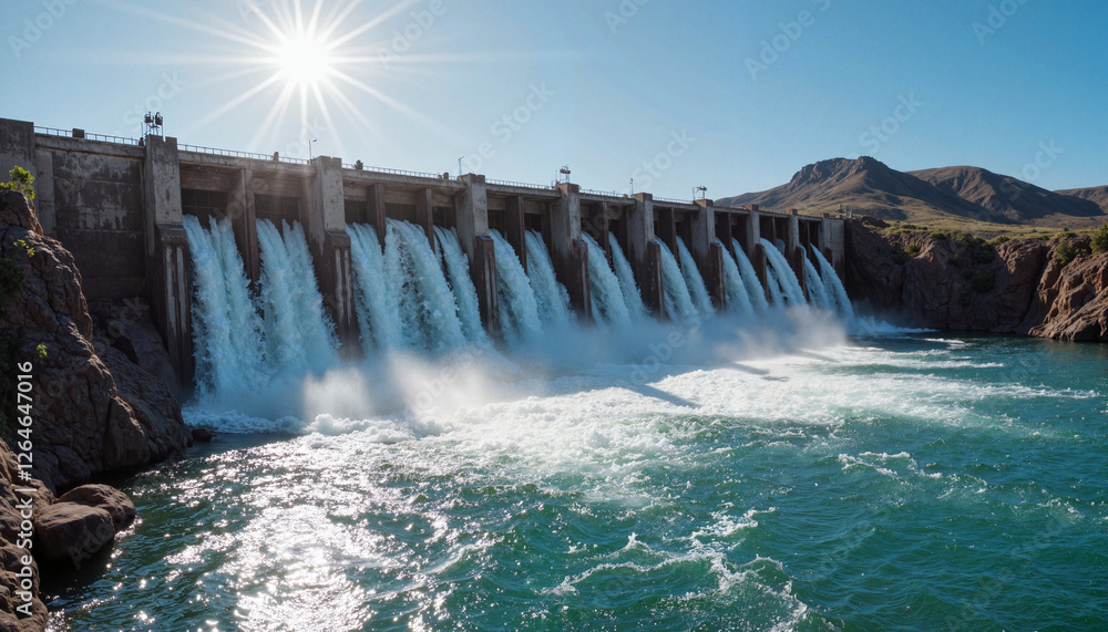 Hydroelectric dam releasing water under sunny sky Hydroelectric dam releasing water under sunny sky