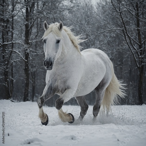 A white horse almost disappearing into the snowy surroundings, perfectly blended in.