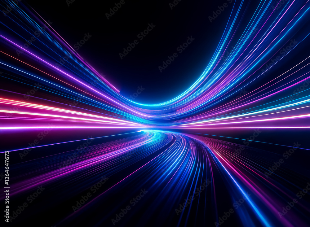 Φωτογραφία Abstract streaks of vibrant blue, pink, and purple light curve and converge on a dark background, suggesting speed and futuristic motion