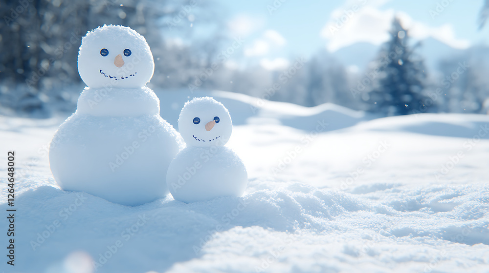 Winter Wonderland Scene with Two Snowmen Enjoying the Snowy Landscape on a Sunny Day Winter Wonderland Scene with Two Snowmen Enjoying the Snowy Landscape on a Sunny Day