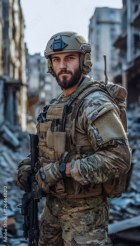 Soldat in voller Kampfausrüstung mit Helm, steht in einer völlig zerstörten Stadt, Generative AI