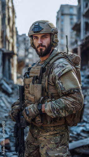 Obraz na płótnie Soldat in voller Kampfausrüstung mit Helm, steht in einer völlig zerstörten Stadt, Generative AI w salonie
